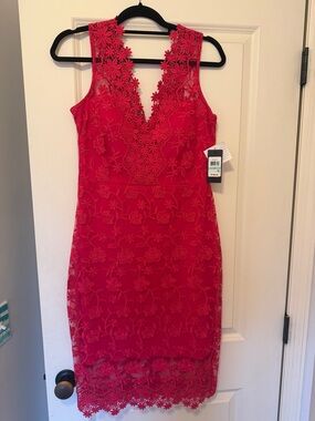 Guess Fushia Red Floral Lace Midi Dress